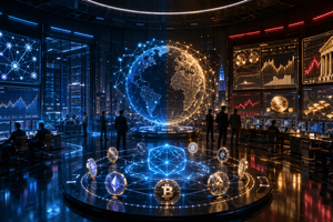 A cinematic financial technology command centre shows DeFi networks, tokenised assets, stablecoin rails, and analysts monitoring crypto market risk at night.