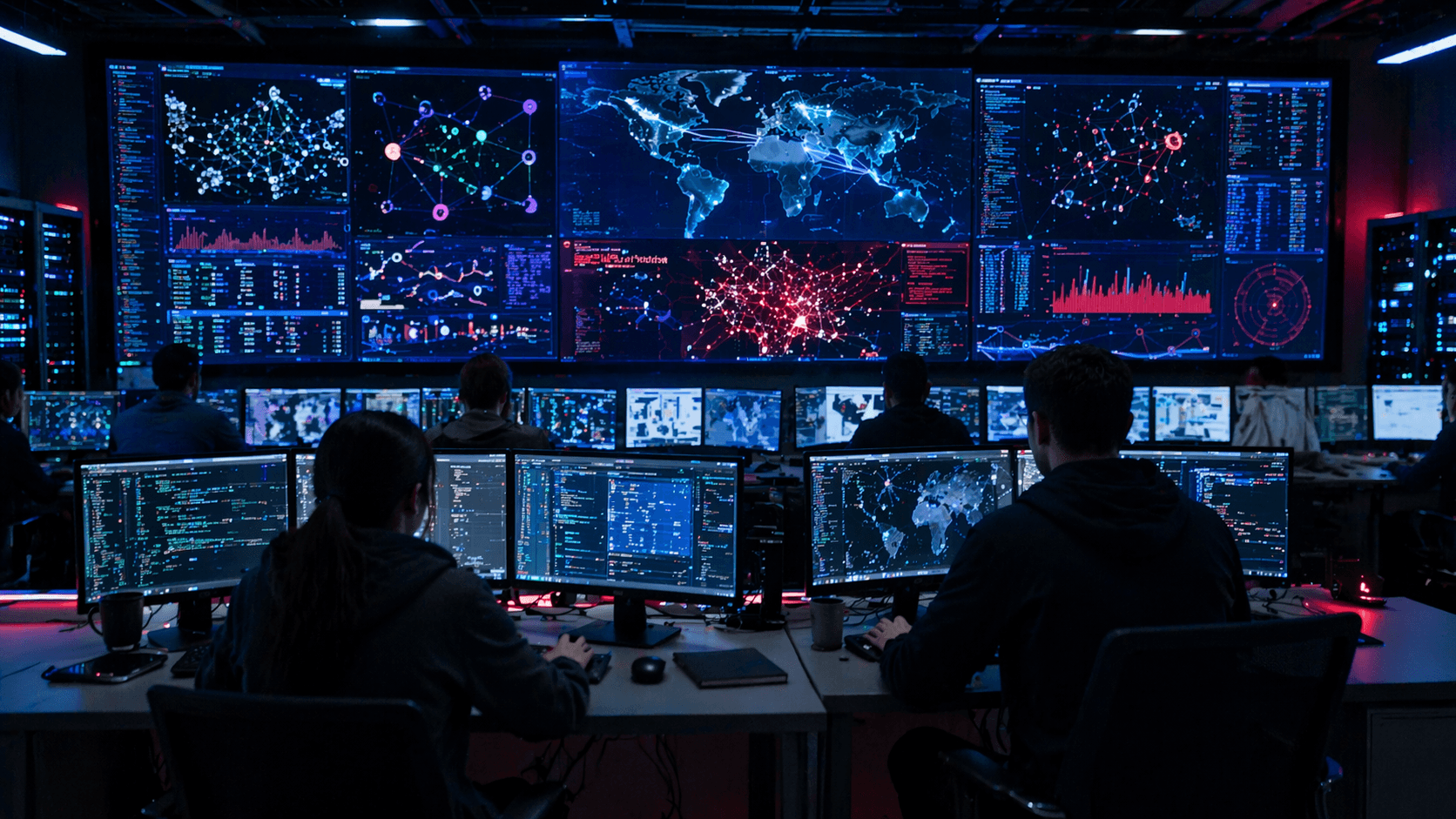 A photorealistic control room shows security engineers watching AI driven alerts, blockchain data flows, and smart contract risk dashboards during a live crypto security incident.