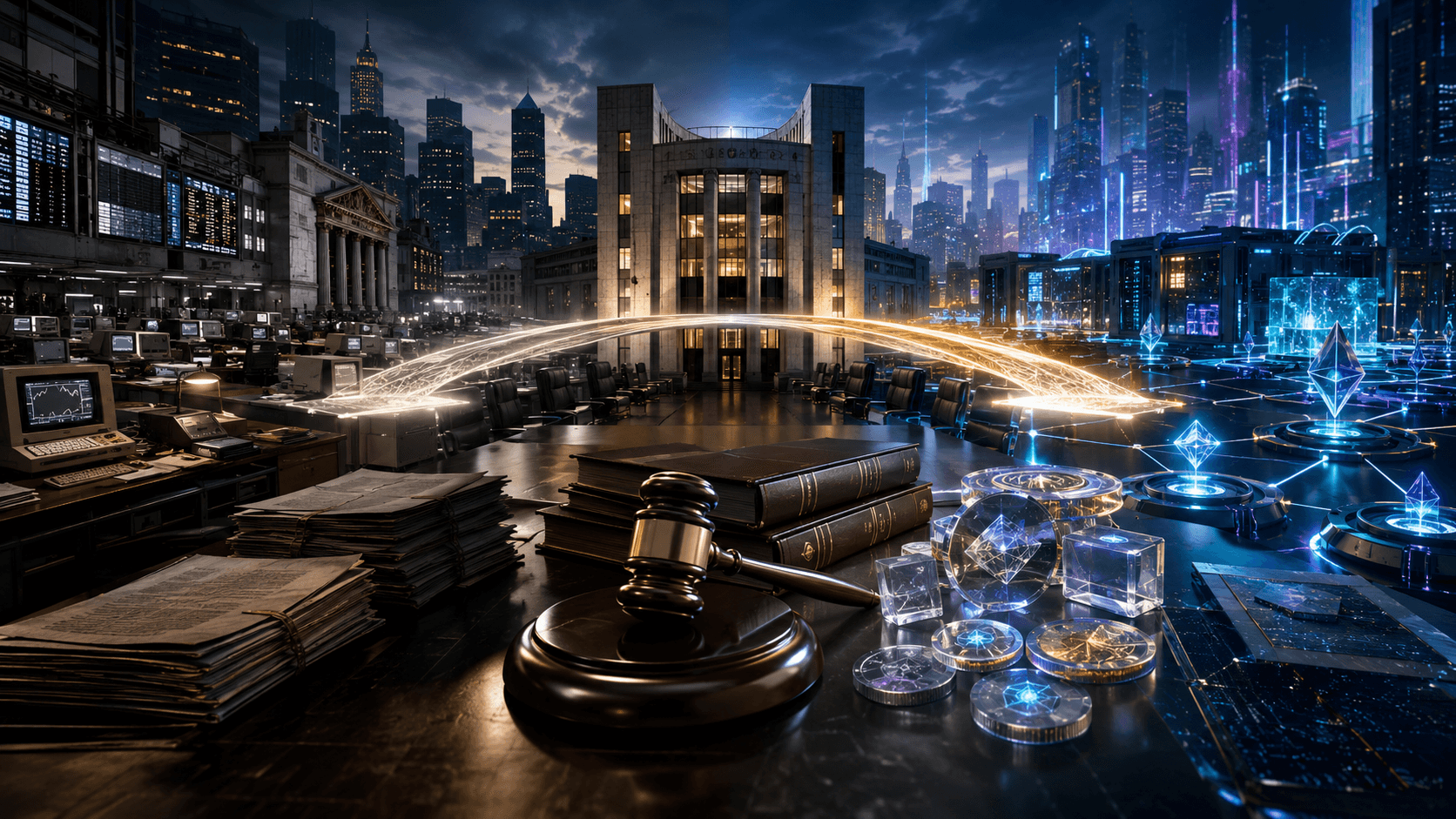 A cinematic regulatory scene shows a glowing bridge between 1990s electronic trading systems and futuristic on-chain crypto markets
