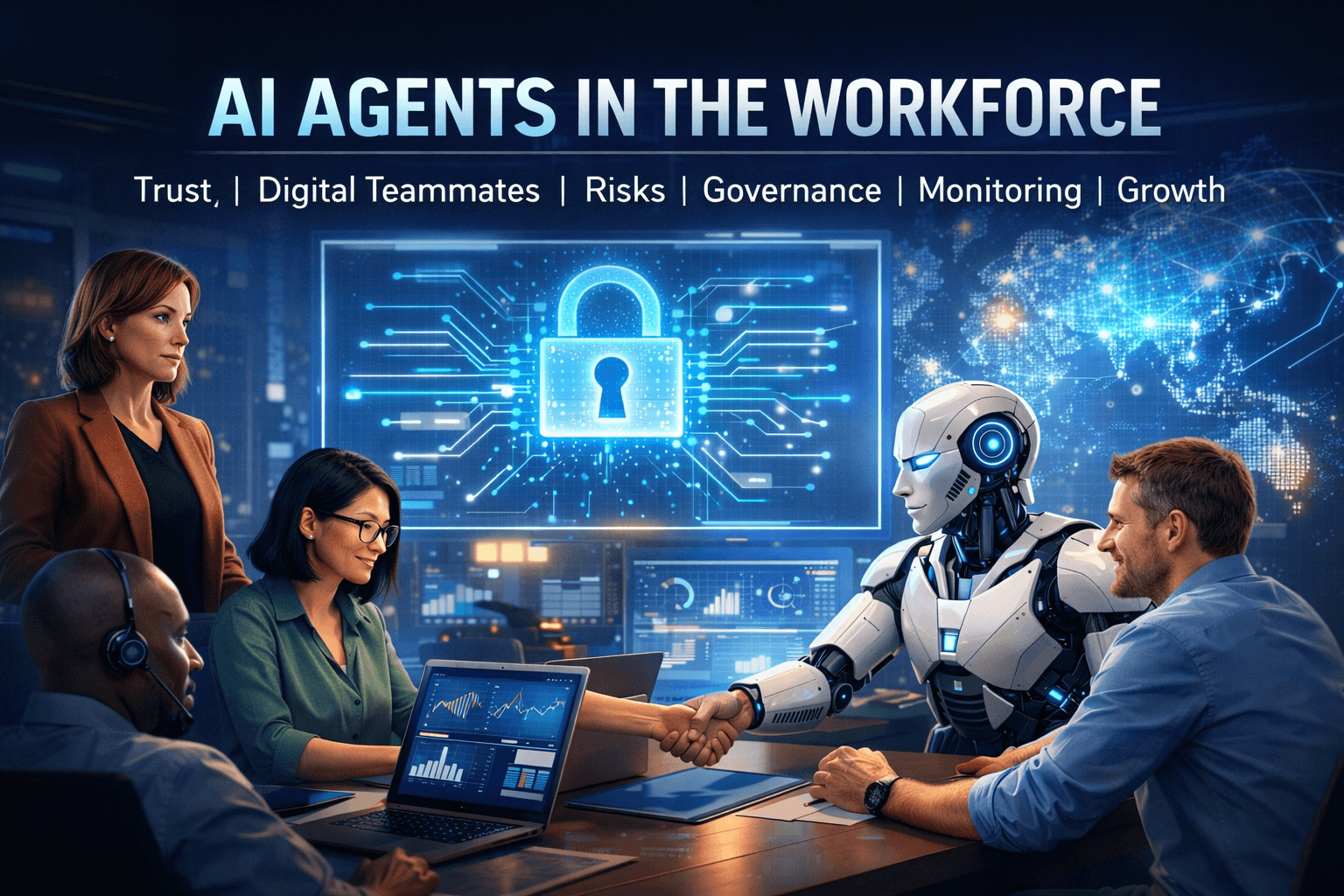 A modern office scene showing a team of professionals working alongside a humanoid AI robot at a meeting table. The robot is shaking hands with a team member while others use laptops displaying charts and data. In the background, a large digital screen shows a glowing padlock symbol, representing security and governance, along with a world map and data visualisations, highlighting AI integration and global collaboration in the workplace.
