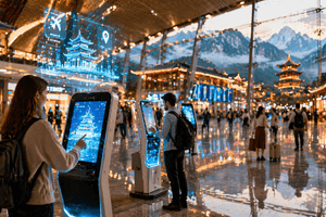 A photorealistic modern Chinese travel hub with travelers using AI assisted digital services in a sleek futuristic concourse.