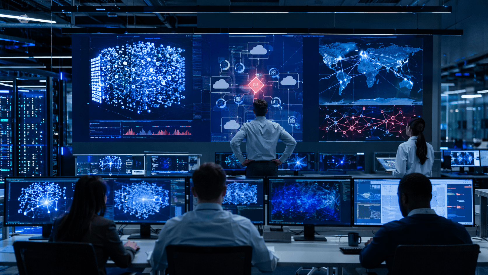 A photorealistic 16:9 4K PNG scene inside a modern enterprise cloud operations centre, with large wall screens showing ai agent activity maps, recovery timelines, and data flow visualisations across aws, azure, and google cloud style environments, cybersecurity engineers watching a live rollback event, dramatic but realistic blue and white lighting, cinematic depth, ultra detailed servers and dashboards, high tension but professional atmosphere, no text
