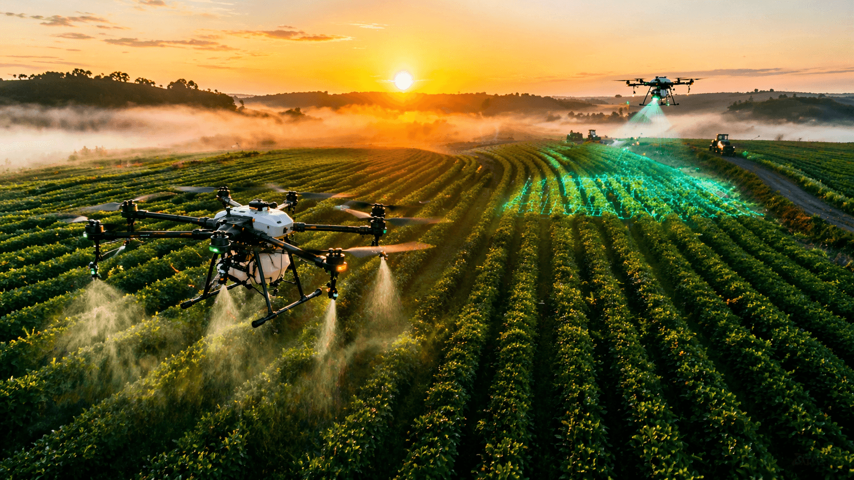 A photorealistic sunrise scene showing smart agricultural drones flying over large crop fields and plantations while spraying and scanning crops.