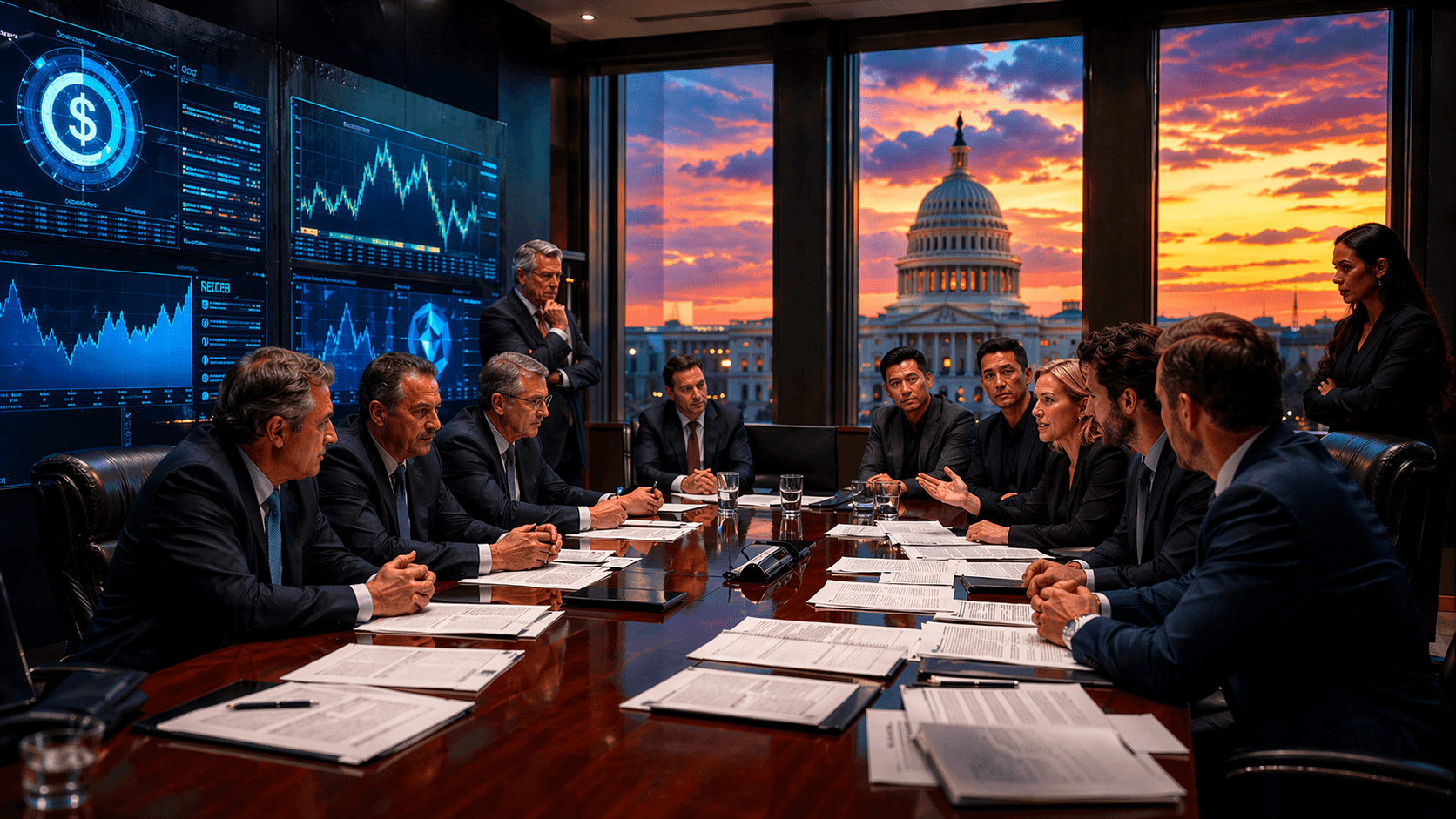 A tense Washington boardroom scene showing bank and crypto leaders facing off over stablecoin policy while digital charts glow and the U.S. Capitol sits in the background at dusk