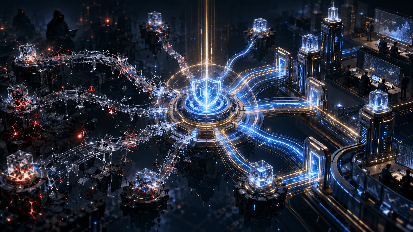 A cinematic image of DeFi value moving from a broken cross-chain bridge toward stronger blue-and-gold security infrastructure after a major exploit.