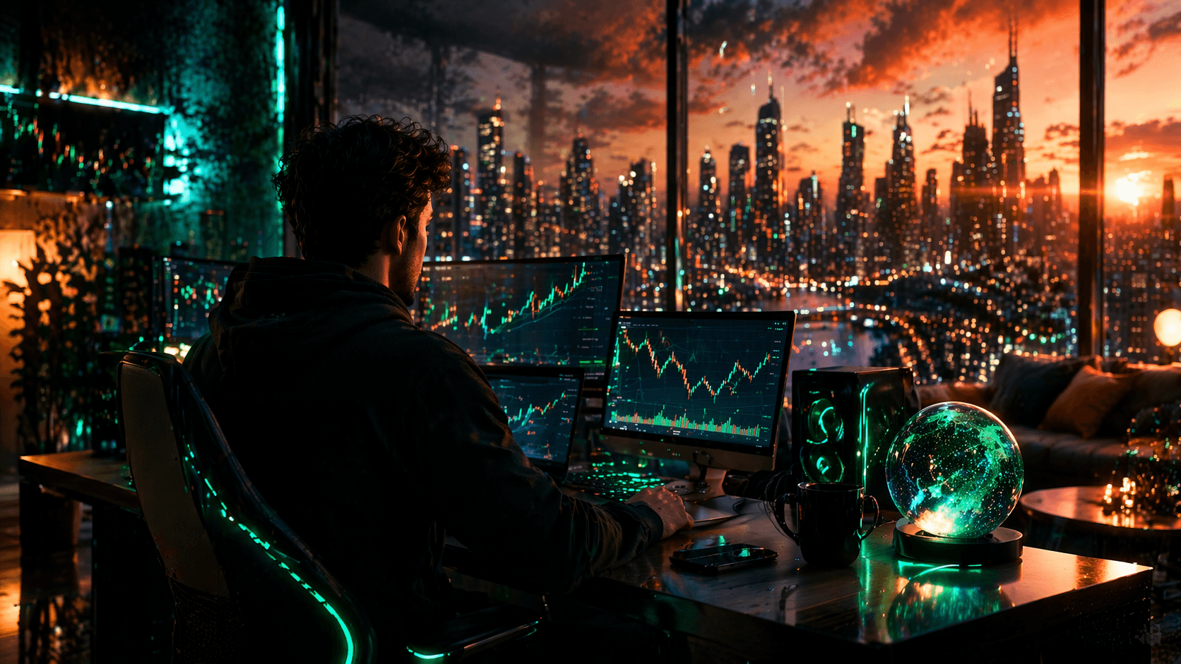 A person sits at a multi-monitor trading setup in a modern high-rise apartment, analyzing financial charts on several screens. The room is lit with teal accent lighting, while a glowing city skyline at sunset fills the large windows, creating a cinematic, futuristic atmosphere focused on technology, trading, and data analysis.
