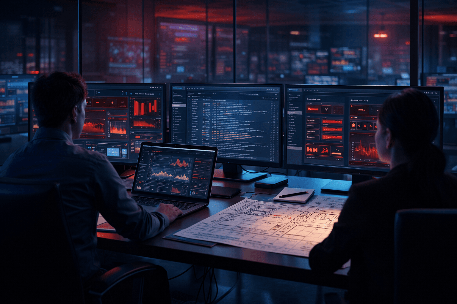 A modern AI operations room with analysts reviewing system alerts and model behaviour on multiple monitors during an incident response scenario.