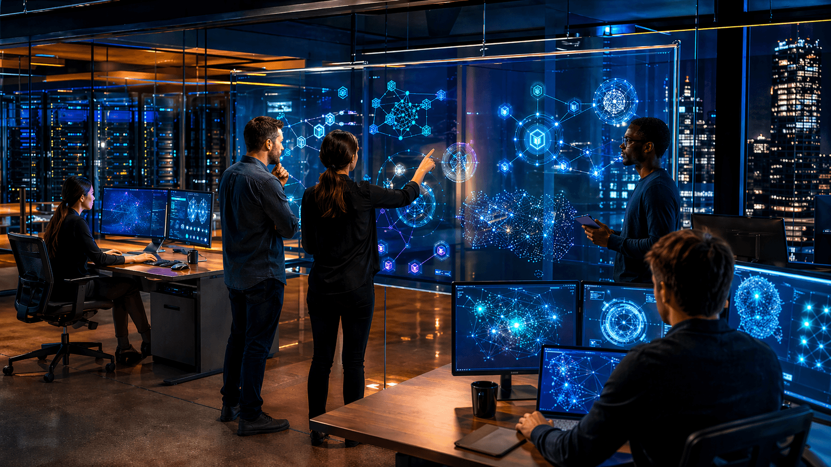 A photorealistic crypto and AI operations studio where researchers and developers review autonomous agent systems, token flows, and onchain activity on glass displays.