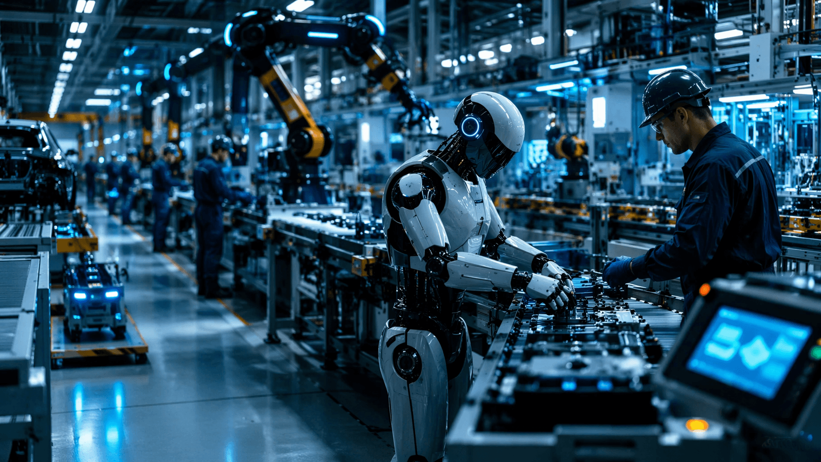 A photorealistic smart factory scene showing a humanoid robot and human workers operating together on a modern industrial production line.