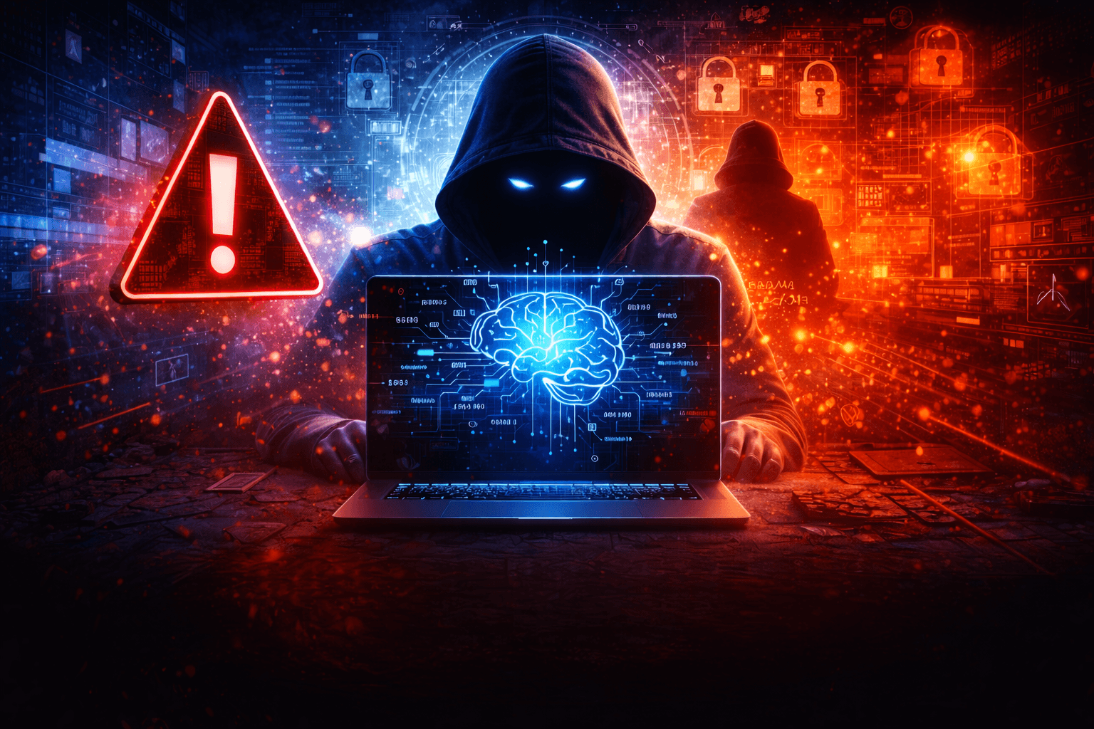 A dark futuristic cybersecurity scene showing a glowing AI core surrounded by streams of code, digital warning symbols, and vulnerable system nodes across a global network, representing a powerful AI model uncovering hidden software security flaws.