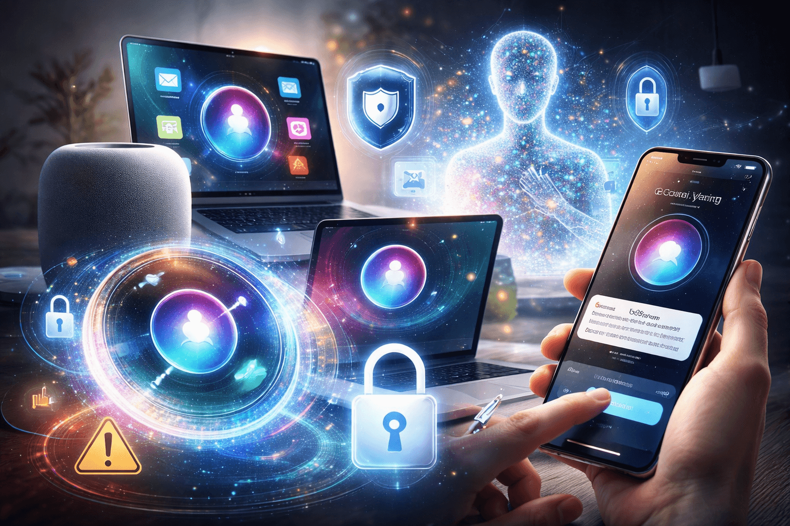 illustration of AI assistants across devices, showing a smartphone, laptop, and smart speaker surrounded by glowing holographic interfaces. A human hand interacts with a phone while a translucent digital humanoid figure represents AI. Floating icons for security, privacy locks, and warning symbols highlight control, permissions, and trust in AI systems.
