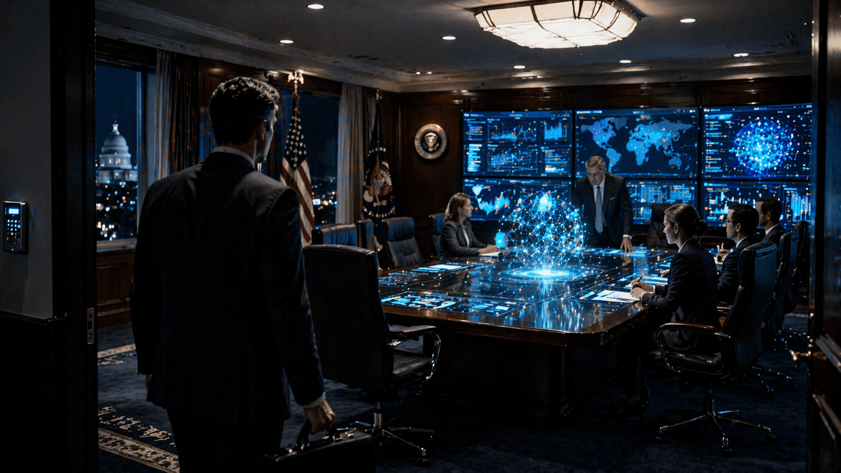 A photorealistic 16:9 4K PNG scene inside a high security government meeting room at night, with a senior AI executive in a dark suit entering a modern West Wing style office while advisors study glowing cybersecurity dashboards and a restrained holographic frontier AI interface hovers above the table, subtle American government details, tense diplomatic atmosphere, cinematic lighting, realistic reflections on polished wood and glass, premium believable technology setting, ultra detailed, no text