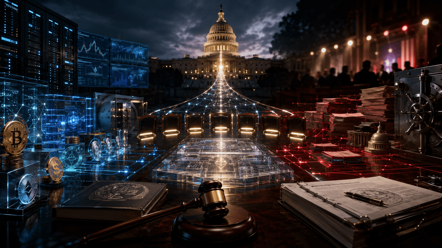 A cinematic Senate crypto regulation scene shows seven empty voting seats, digital asset tokens, legal documents, and a fragile bridge toward a Capitol-style chamber.