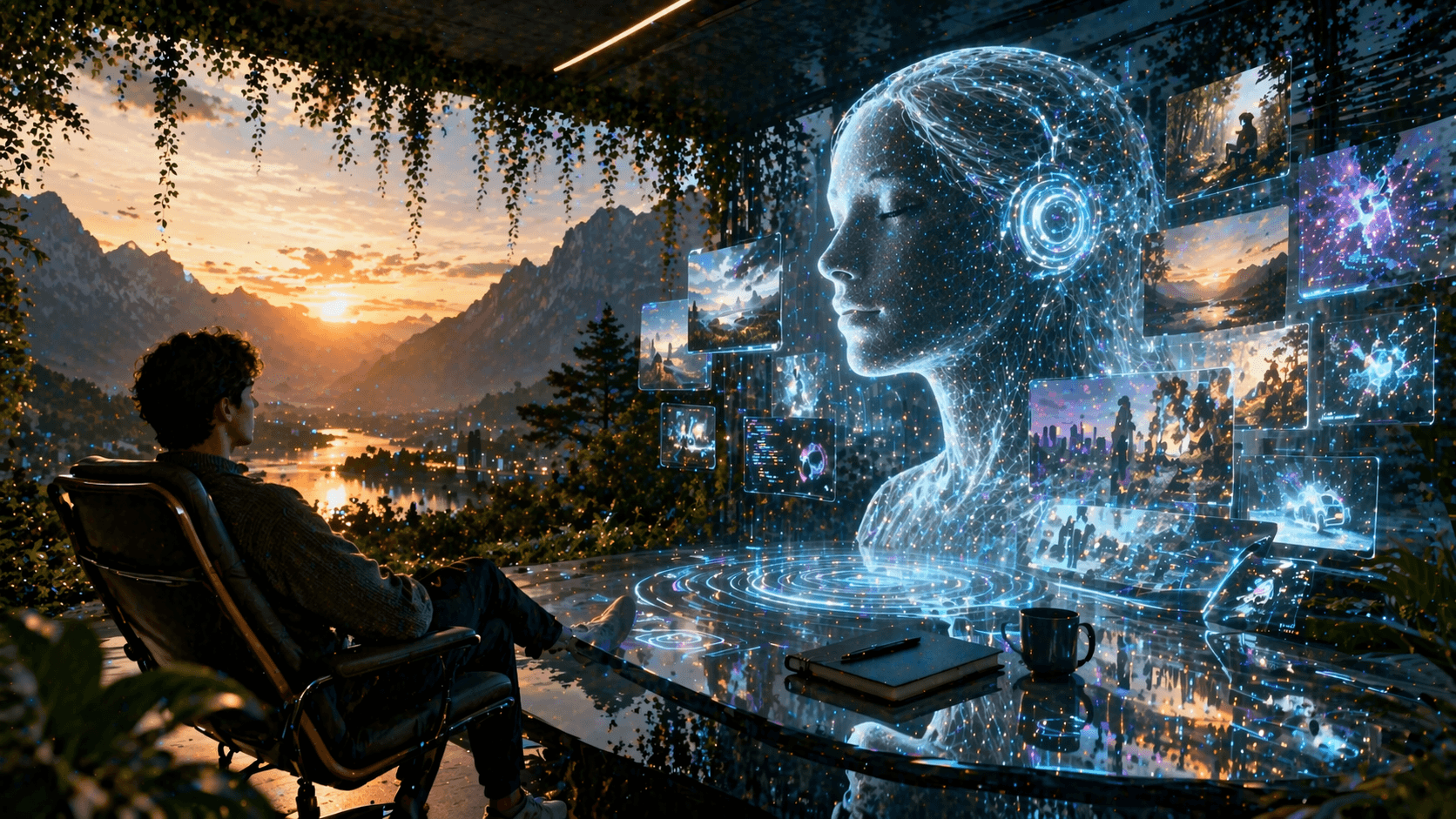 A futuristic scene showing a person sitting in a modern chair on a terrace overlooking a peaceful mountain lake at sunset, surrounded by greenery. In front of them, a glowing holographic AI figure made of light and data appears above a sleek glass table, with floating digital screens displaying images, videos