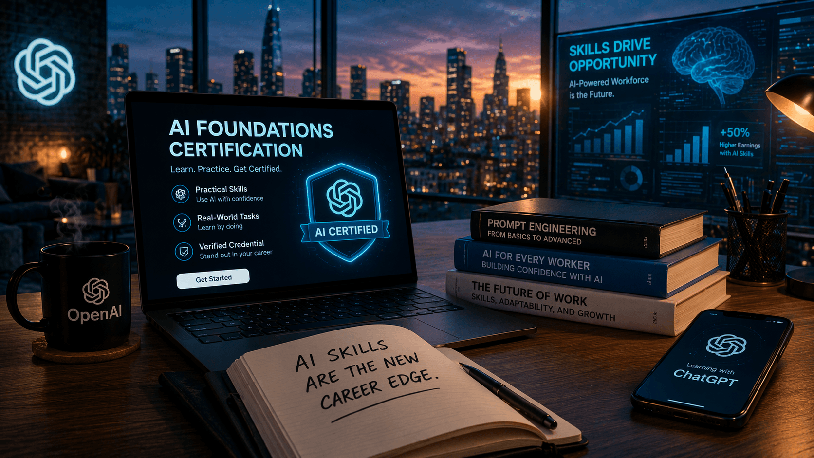 A futuristic 16:9 scene showing a person working on a laptop in a modern workspace surrounded by glowing AI interfaces and data streams. The environment blends real-world office elements with holographic visuals, representing learning, skill development, and human interaction with advanced artificial intelligence tools.