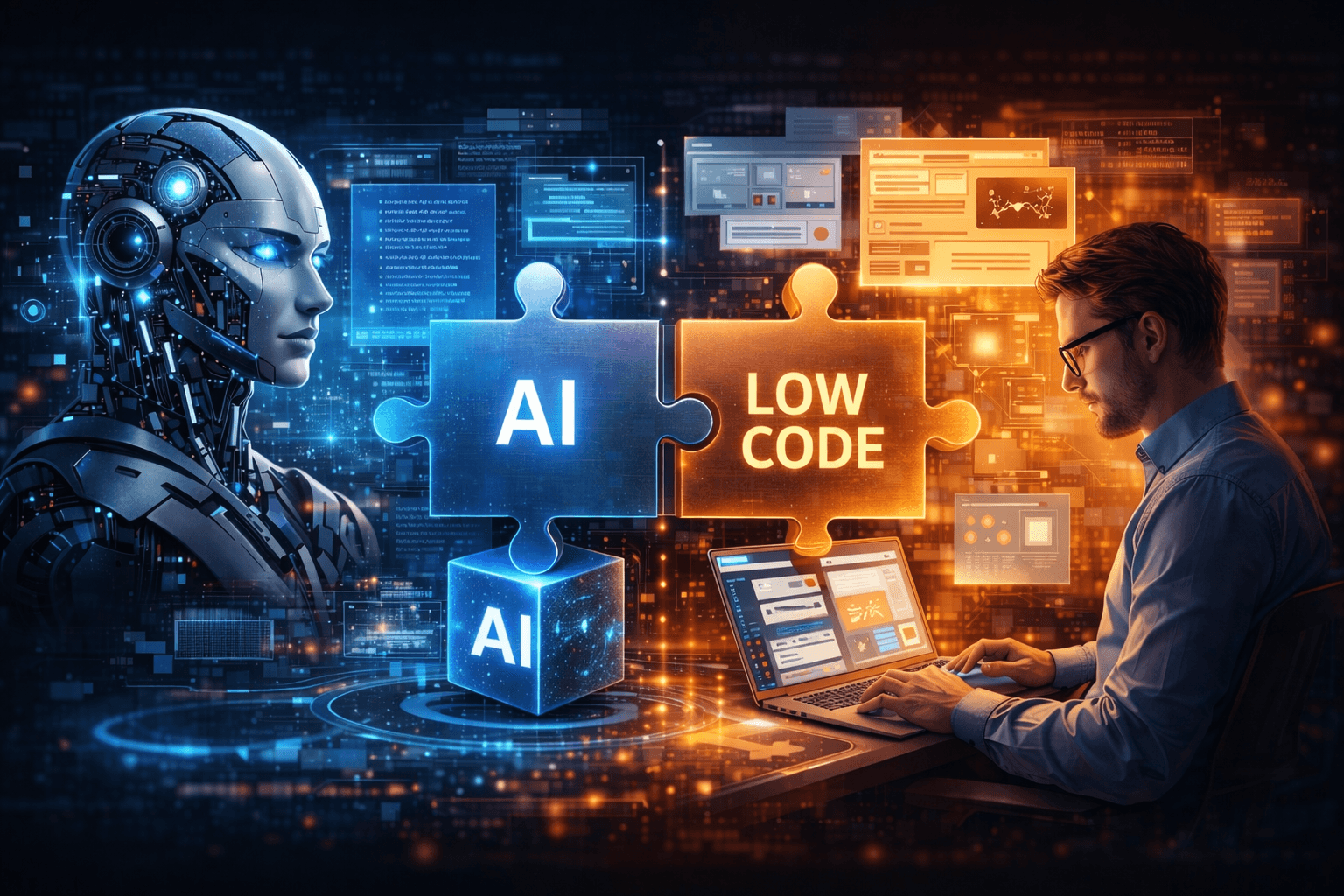 A futuristic digital illustration showing AI and low code working together. On the left, a glowing blue humanoid robot faces inward. On the right, a developer sits at a desk using a laptop with interface panels on screen. In the centre, two large interlocking puzzle pieces connect the two sides, symbolising the link between AI and low code. Floating dashboards, charts, and digital interface elements fill the background, with blue tones on the AI side and orange tones on the developer side.