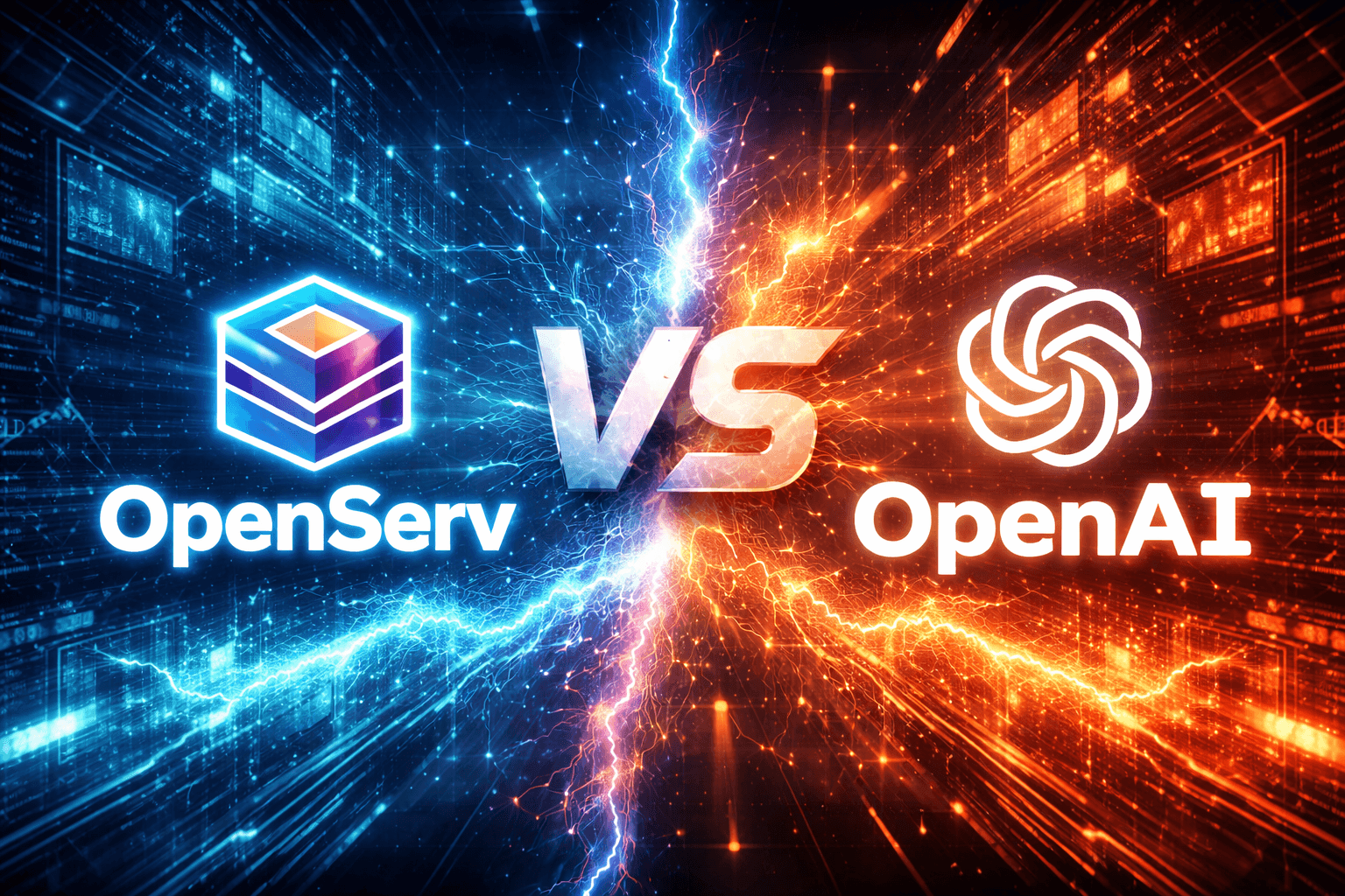 A dramatic, photorealistic split-screen image showing OpenServ and OpenAI facing off, with a glowing “VS” in the center, blue digital energy on one side and orange circuitry on the other, symbolizing competition in advanced AI technology.