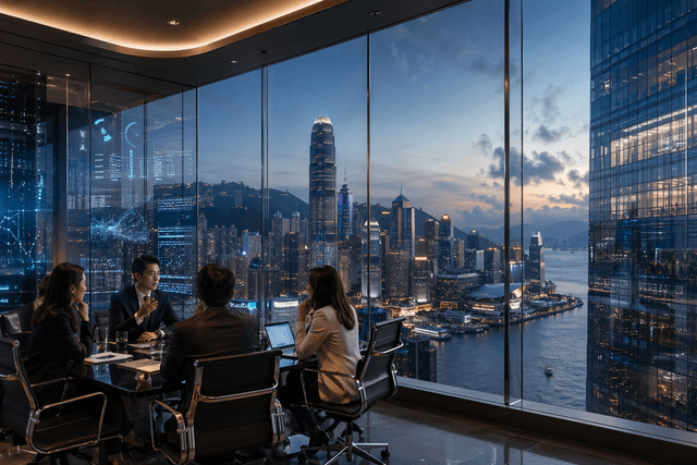 A photorealistic view of Hong Kong’s skyline at dusk with subtle AI interface reflections, modern offices, and a professional technology governance atmosphere overlooking Victoria Harbour