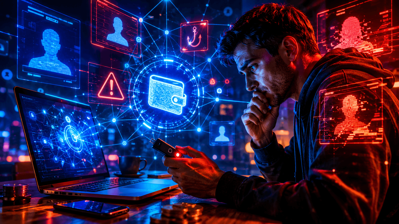 A realistic crypto security scene showing a user protecting a digital wallet from fake airdrop and impersonation scam threats.