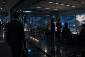 A photorealistic 16:9 4K PNG scene inside a sleek AI company headquarters at night, with a modern executive corridor leading into a glass walled strategy room where senior product leaders study coding dashboards, enterprise growth charts, and a fading video generation interface on large premium displays, subtle hints of scientific research tools being absorbed into a central AI workstation, cinematic lighting, realistic reflections on polished floors and glass, calm but tense transition atmosphere, ultra detailed, no text