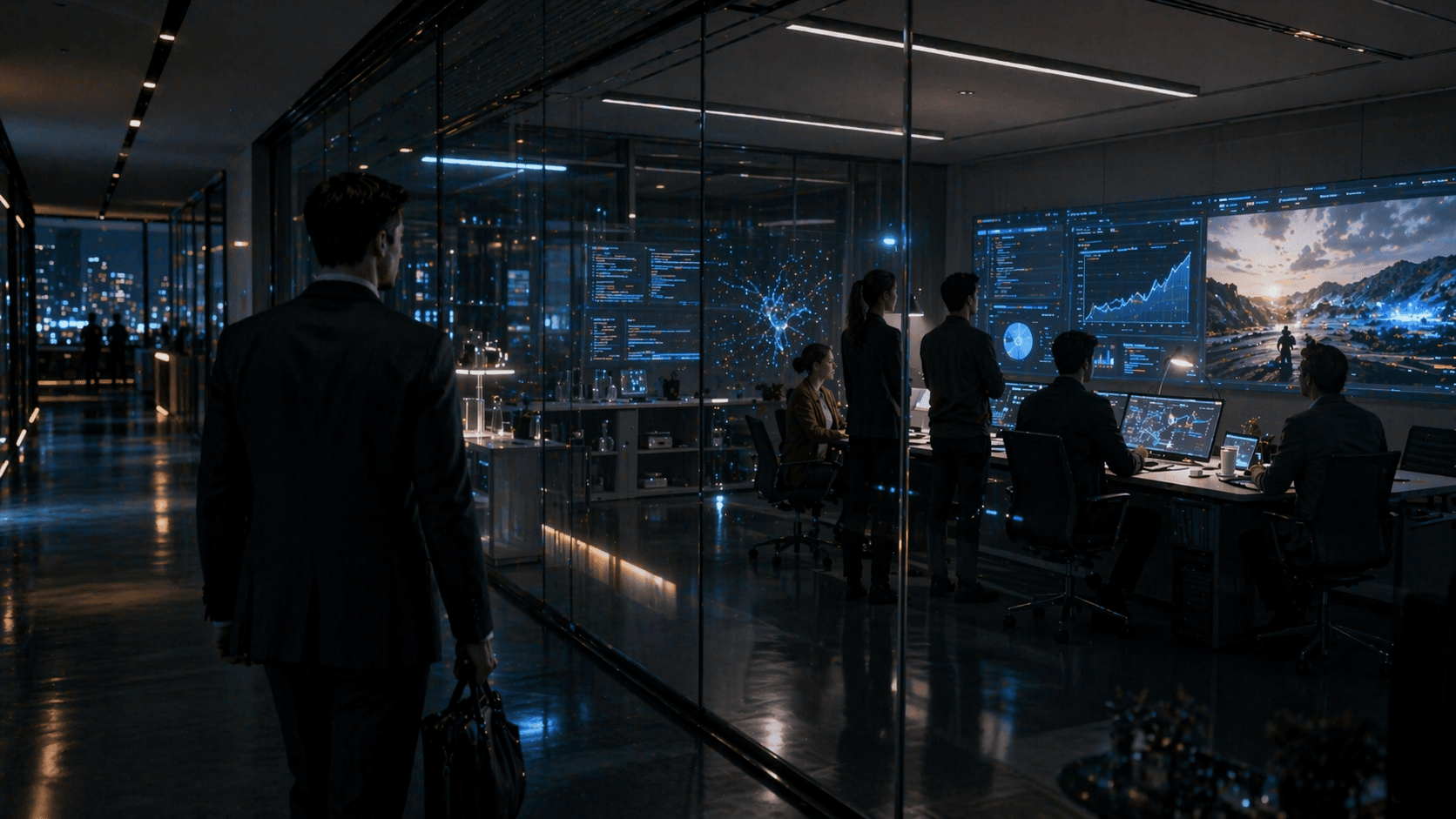 A photorealistic 16:9 4K PNG scene inside a sleek AI company headquarters at night, with a modern executive corridor leading into a glass walled strategy room where senior product leaders study coding dashboards, enterprise growth charts, and a fading video generation interface on large premium displays, subtle hints of scientific research tools being absorbed into a central AI workstation, cinematic lighting, realistic reflections on polished floors and glass, calm but tense transition atmosphere, ultra detailed, no text