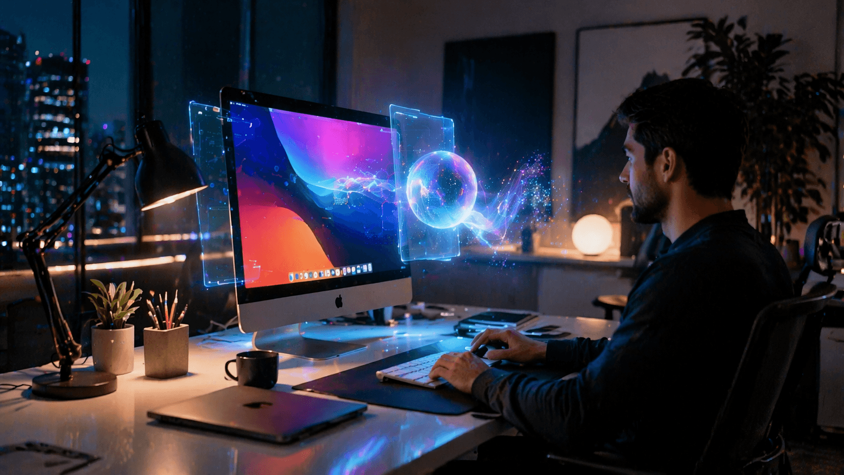 A photorealistic Mac desktop workspace shows a professional user in a softly lit room with subtle futuristic AI interface elements near the screen