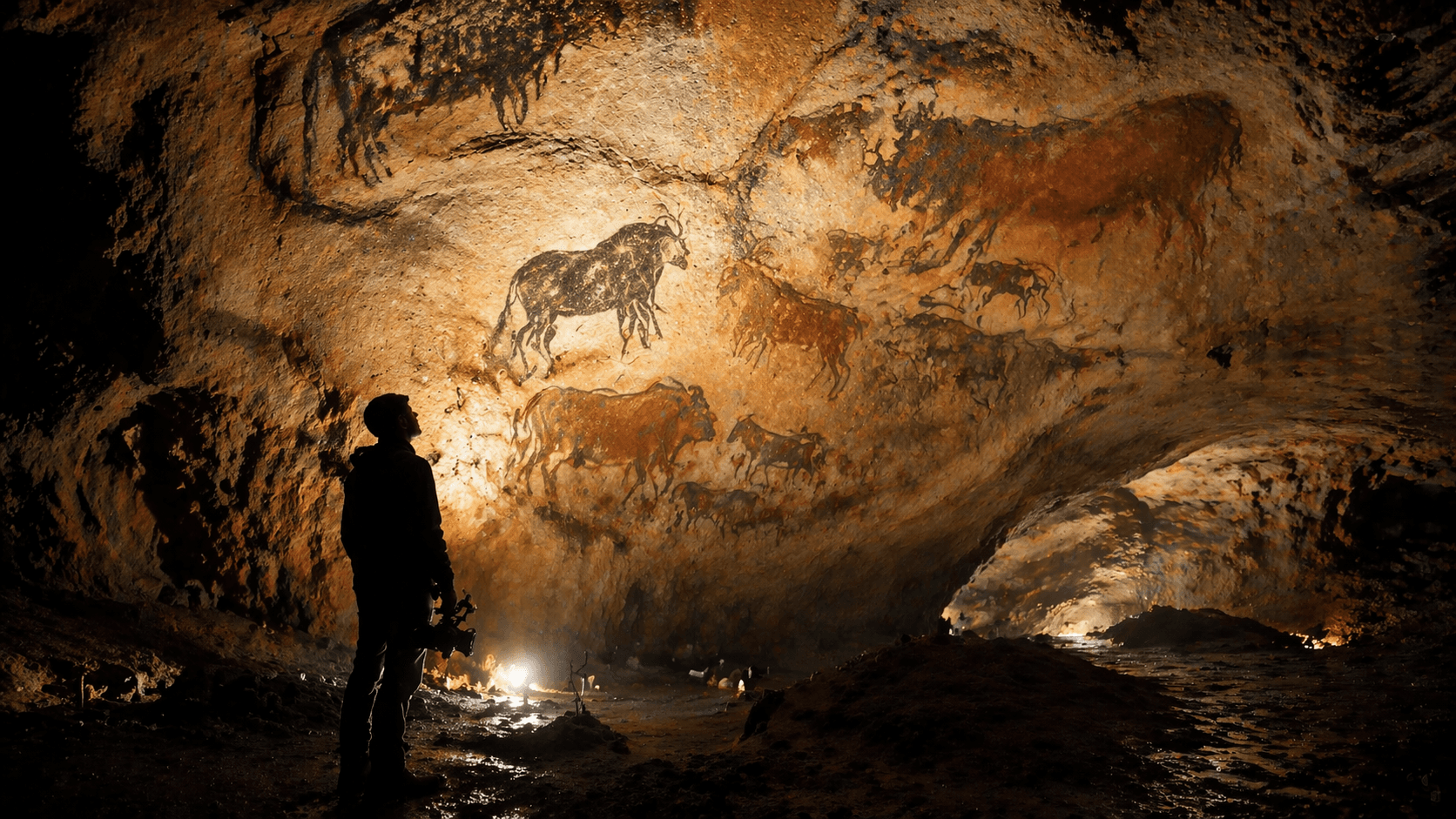 A cinematic view inside an ancient cave with prehistoric paintings glowing under soft torchlight, while a lone modern figure stands observing the artwork.