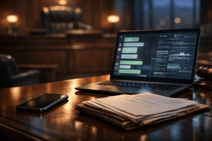 A smartphone and laptop sit beside legal papers in a courtroom-like setting, symbolising how digital records are becoming central to modern evidence.