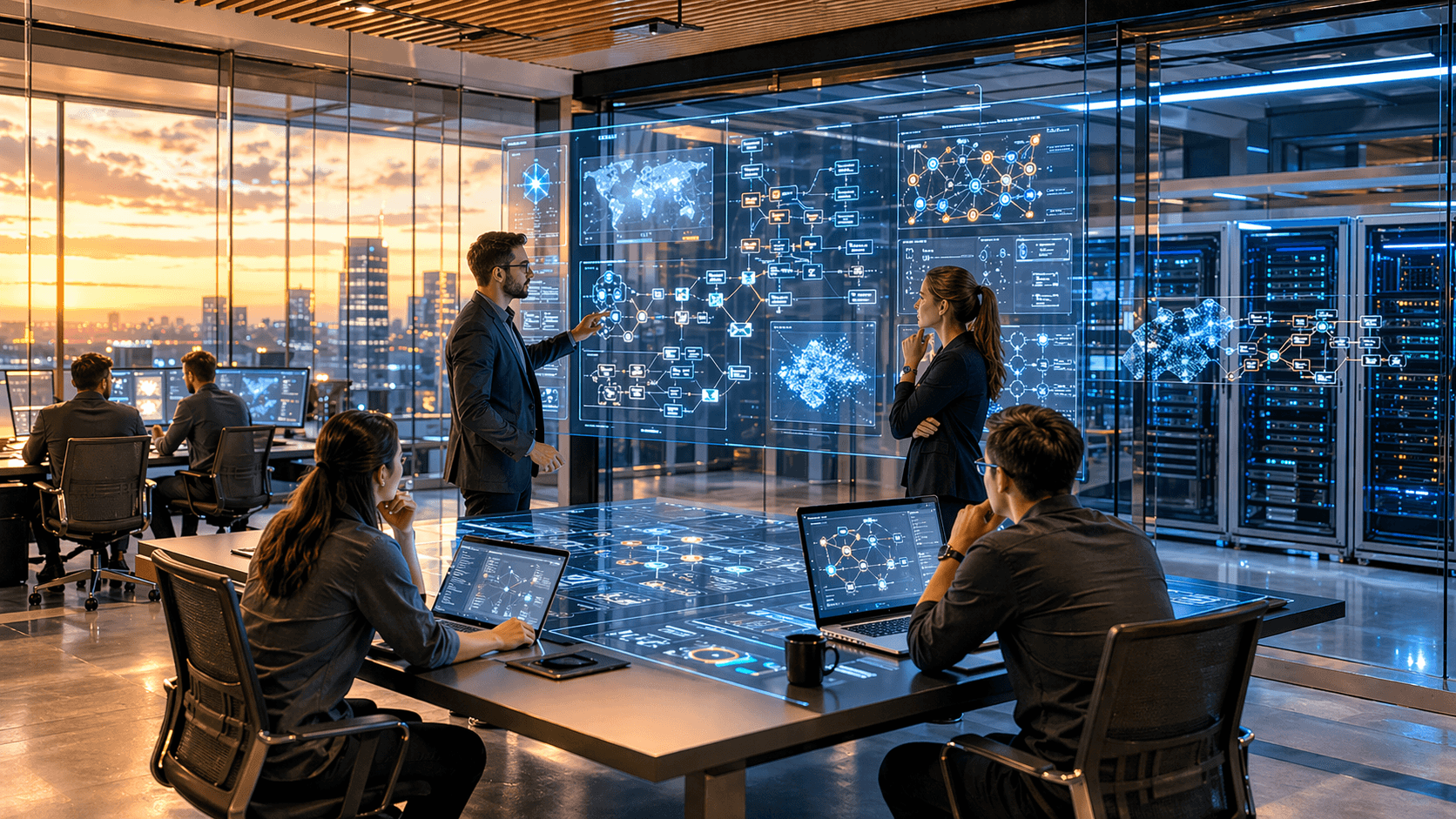 A photorealistic enterprise AI operations room where analysts and developers review governed workflows, agent systems, and secure data pipelines on glass displays.