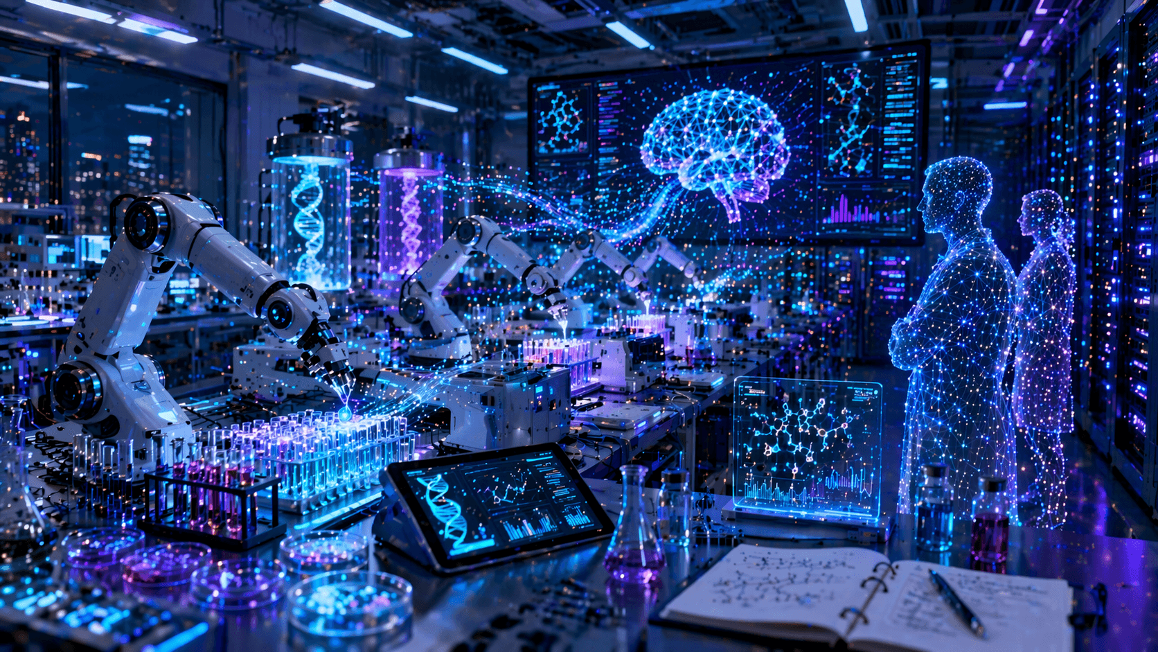 A futuristic automated biology laboratory showing robotic arms running experiments, glowing data streams feeding into AI systems, rows of advanced lab equipment and server racks, and digital human silhouettes observing the process, symbolising AI driven scientific discovery and the risks of autonomous experimentation.