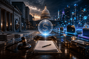 A cinematic image showing a stablecoin at the centre of a policy battle between traditional banks and digital finance infrastructure.