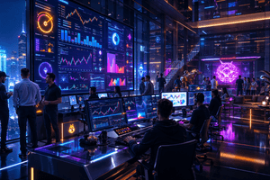 A vibrant photorealistic 16:9 4K PNG scene showing a futuristic crypto trading command room at night, with glowing prediction market dashboards, perpetual futures charts, memecoin launch screens, and social trading feeds all visible across sleek monitors, traders and creators moving through the space, reflections of neon blue, orange, and magenta light across glass and polished metal, a high-energy but professional atmosphere, cinematic depth, ultra-detailed textures, no text in image