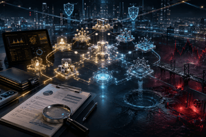A cinematic DeFi safety scene shows a glowing protocol model, wallet controls, bridge risks, liquidity pools, and security checks before depositing funds.