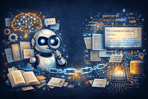 A wide digital illustration of artificial intelligence in a dark blue futuristic setting, with a friendly white robot holding a magnifying glass at the centre-left, surrounded by floating documents, books, charts, gears, a glowing network-shaped brain, and a chain of light leading toward a computer screen, microchip, and data storage symbols on the right, representing AI learning, language processing, pattern recognition, and how AI systems are built from data and computation.