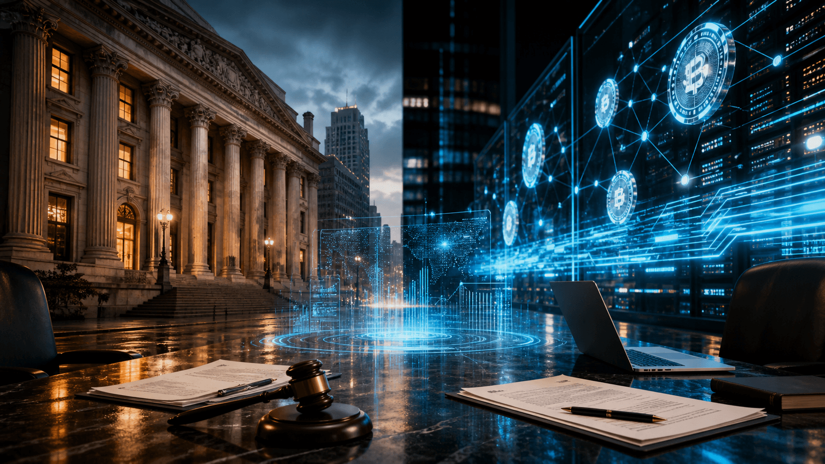 A cinematic financial scene showing a traditional bank and a digital finance command centre connected by glowing payment rails and regulatory documents.