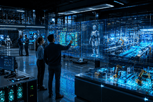 A photorealistic 16:9 4K PNG scene inside a futuristic engineering control room, with chip designers and robotics engineers standing before enormous transparent digital twin displays showing a semiconductor layout, a humanoid robot simulation, and a glowing AI factory model, subtle Nvidia style accelerated computing hardware in the environment, premium workstations, cinematic blue and white lighting, realistic reflections on glass and polished floors, high detail, believable advanced technology atmosphere, no text